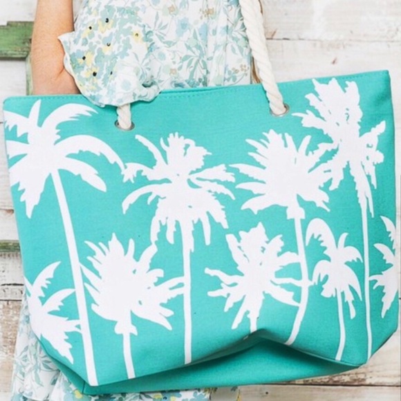 AQUA/WHITE PALM TREE LARGE BEACH TOTE BAG - Picture 3 of 4